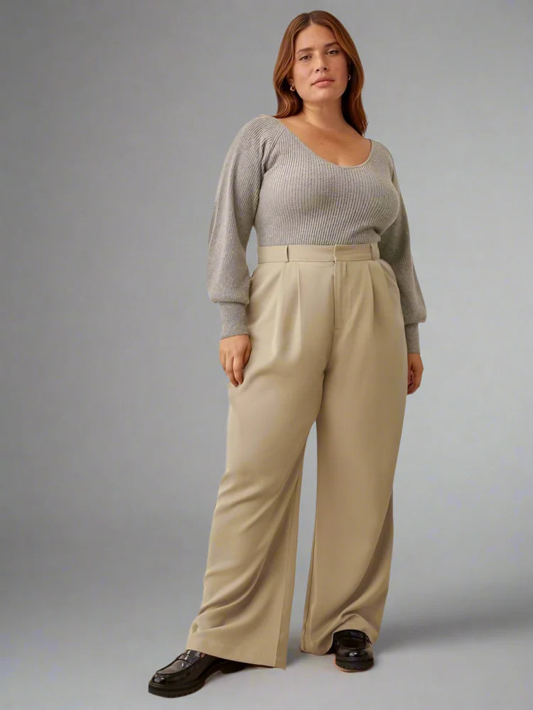Pluswear Premium Wide Leg High Waisted Pants Beige