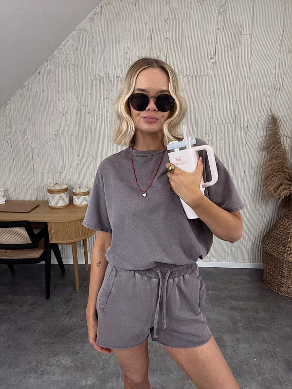 Stop&Shop Loose Washed Solid Color T-Shirt and Pants Sets