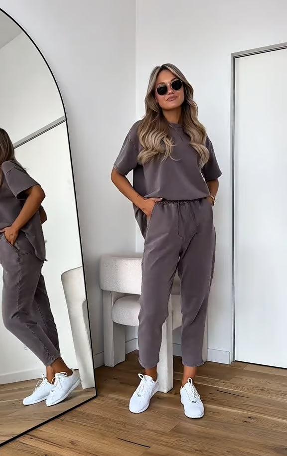 Stop&Shop Loose Washed Solid Color T-Shirt and Pants Sets