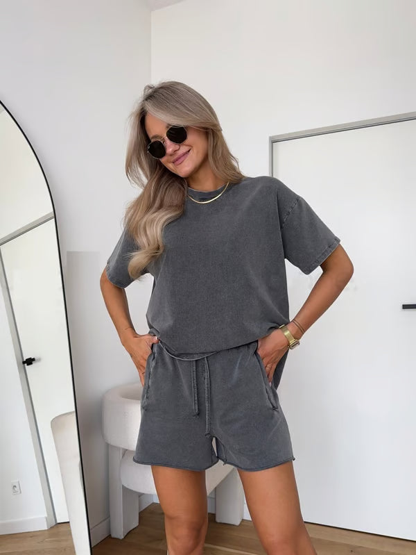 Stop&Shop Loose Washed Solid Color T-Shirt and Pants Sets