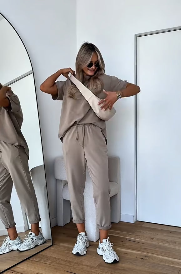 Stop&Shop Loose Washed Solid Color T-Shirt and Pants Sets