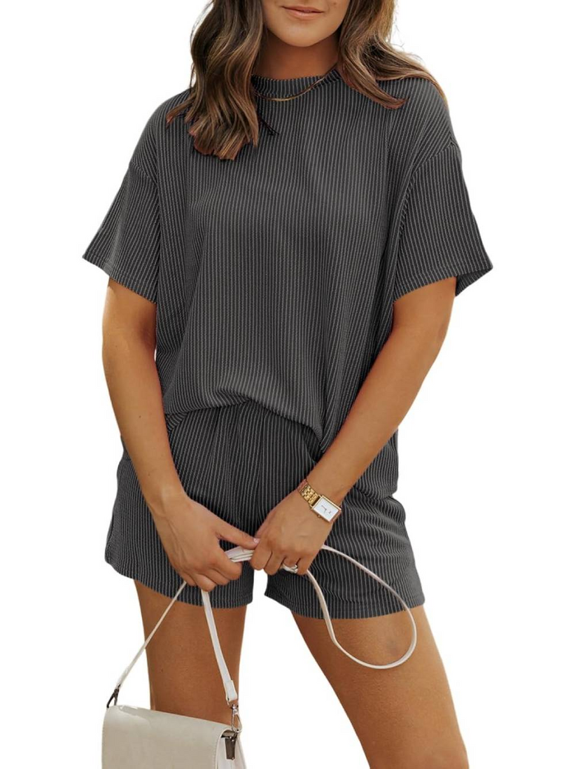 Women's Crew Neck Ribbed Textured Shorts Set