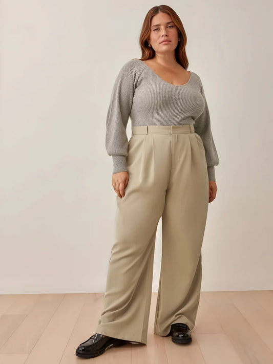 Pluswear Premium Wide Leg High Waisted Pants Beige