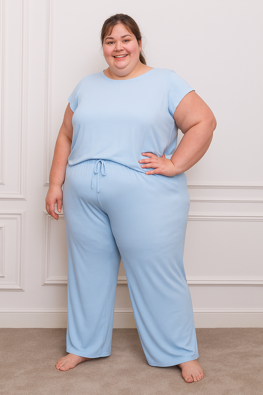 Plus-wear Butter-Soft Cotton Knit Pajama Set - Half Sleeves